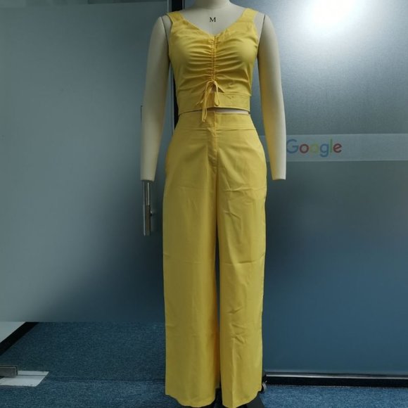 Solid Color Sleeveless Suspender Elegant Summer Wide Leg Pant Outfit - Picture 5 of 7